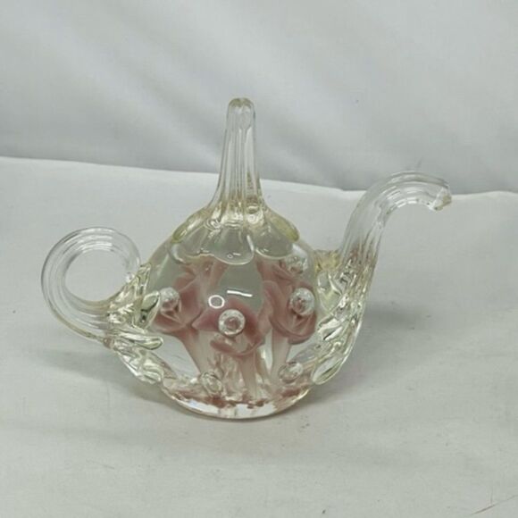 VINTAGE Joe Rice St Clair Glass Teapot Ring Holder Paperweight Pink Flowers Exce - Picture 1 of 7